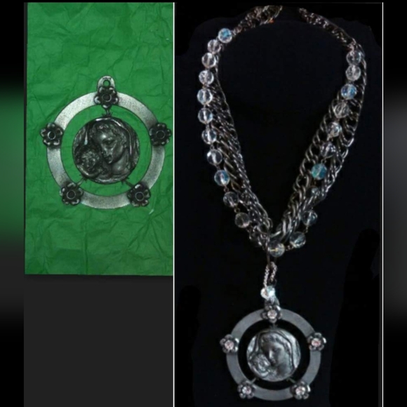 Vtg 60s Italy pewter Mary baby jesus Swarovski beads chunky chain necklace NWT - Picture 13 of 16
